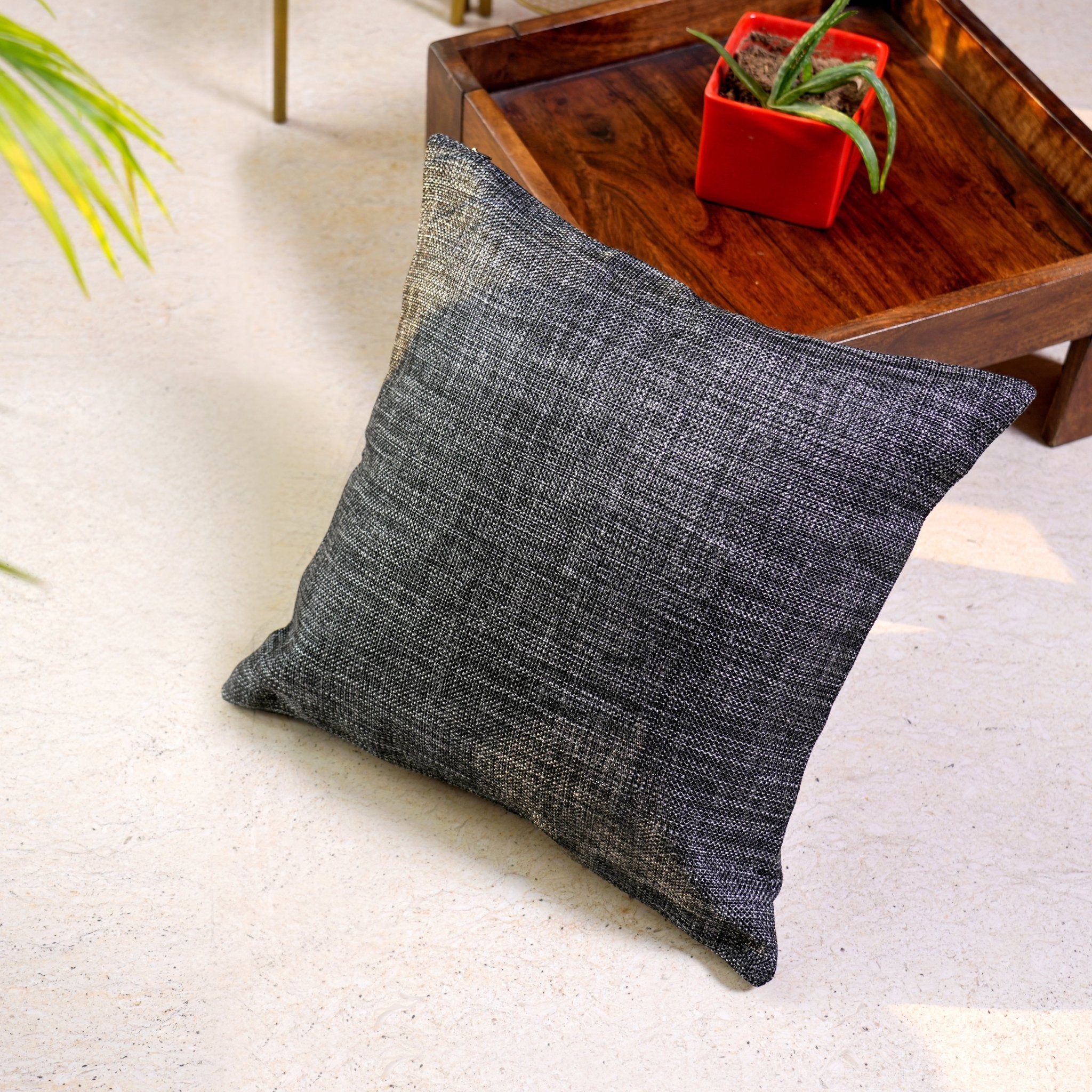 Jute Essence Charcoal Cushion Covers, Pack of 2, 16" x 16" - Coral Slub -